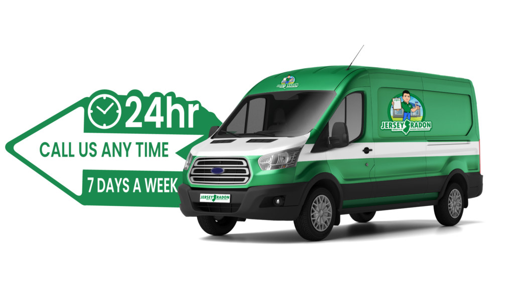 picture of jersey radon van and text "24 hr call us anytime 7 days a week"