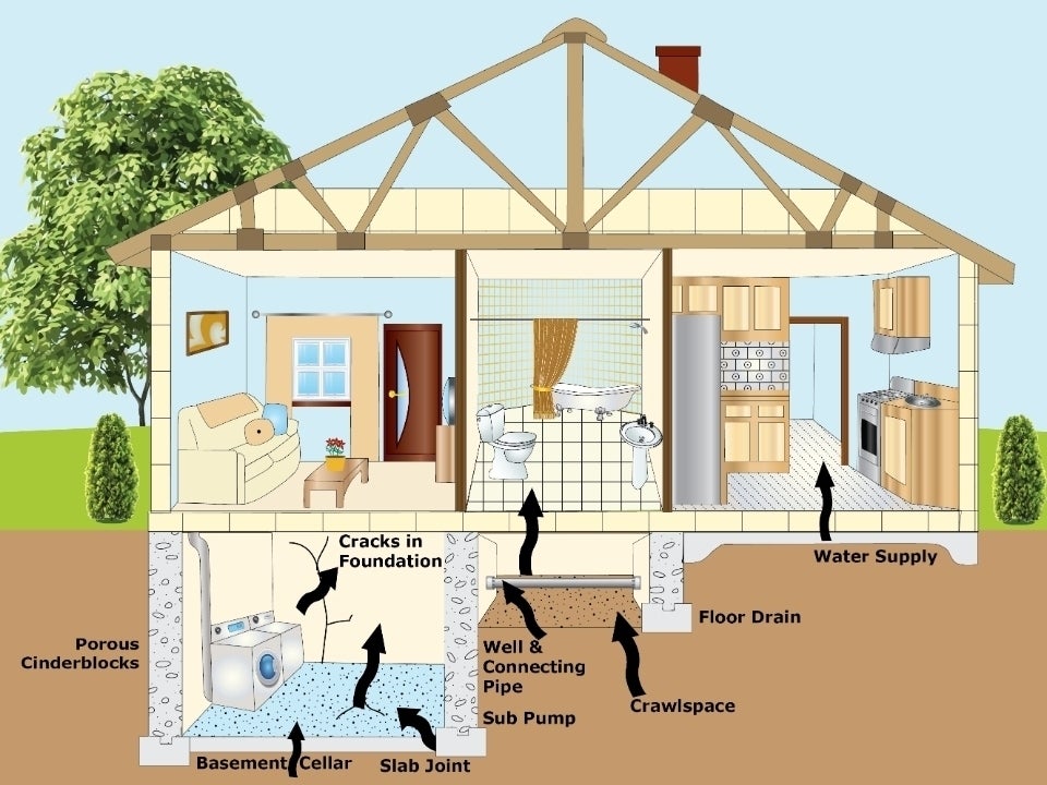 cartoon home design that show how radon gets into the home
