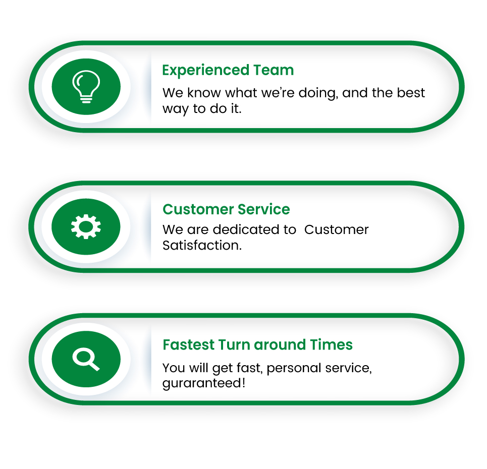 Experienced Team, Customer Service, and Fastest turn around times badges in green