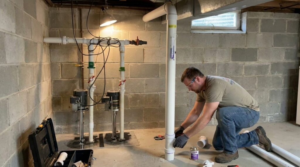 man installing radon removal system
